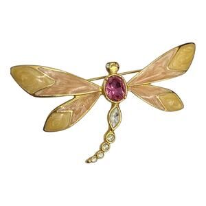 Vintage KJL AVON Dragonfly Brooch Clear Pink Rhinestones Goldtone Enamel Insect